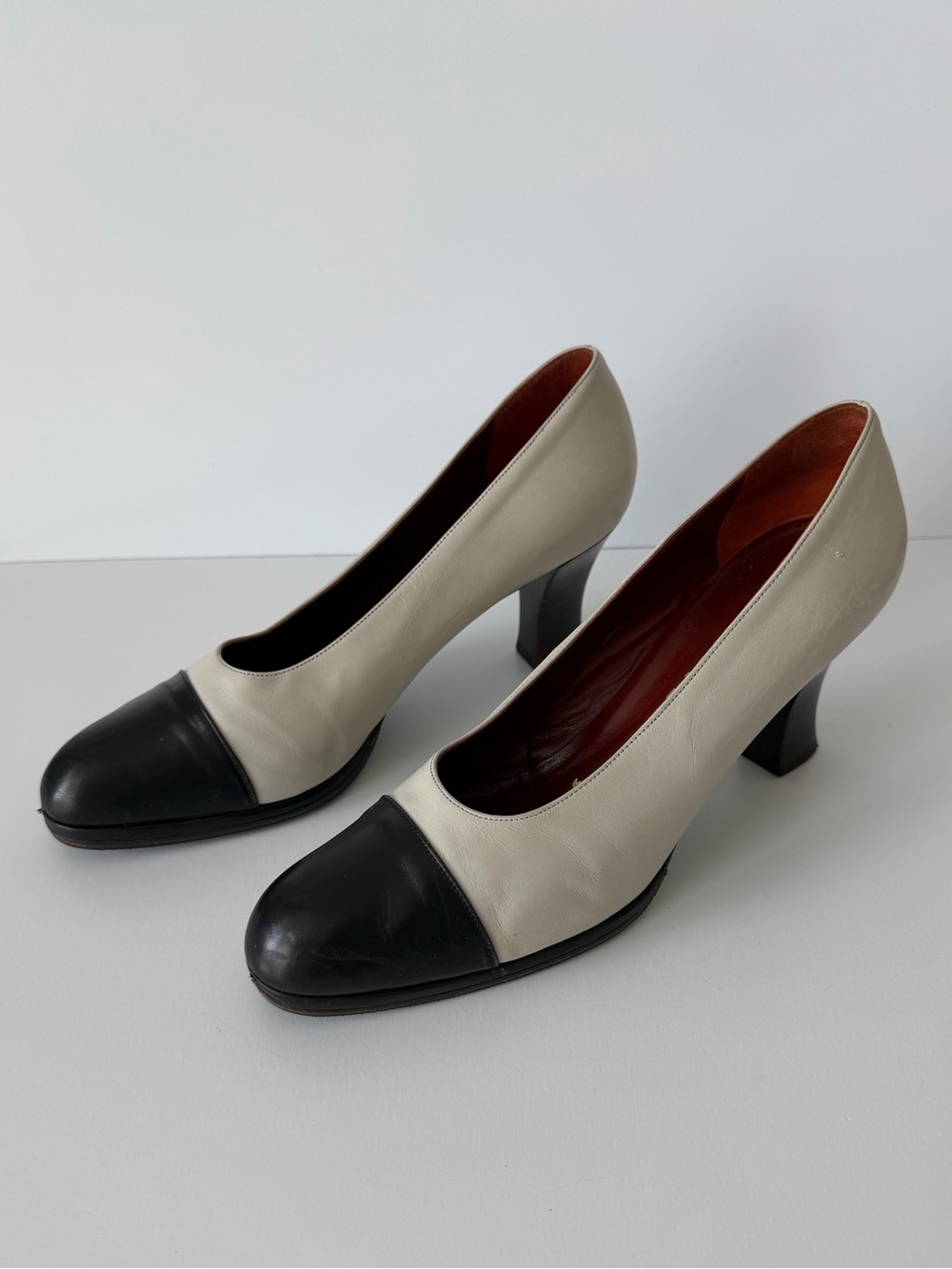 Prada Milano Vintage Cap Toe Leather Pumps, Ivory/Black, Size 38.5 (US 8.5)